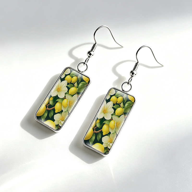 Handmade Lemon Blossom Floral Glass Cabochon Earrings, Unisex